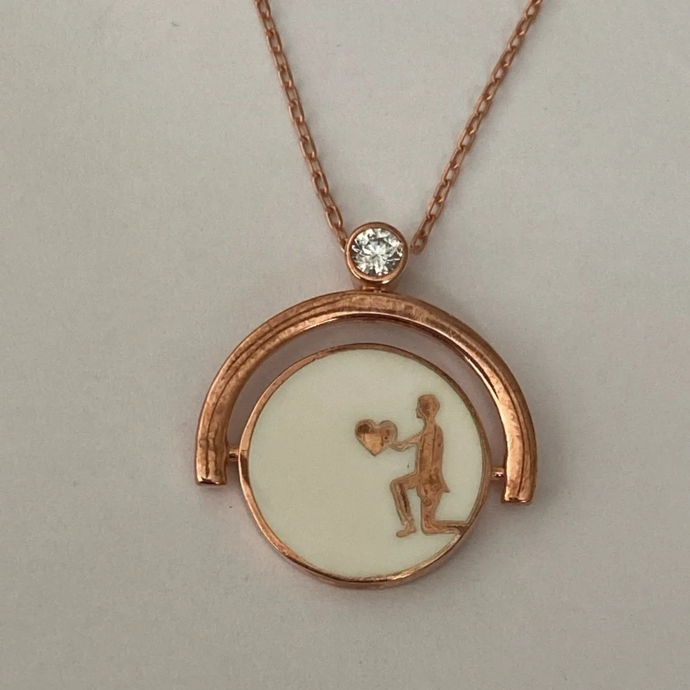 Bride groom reversible spinning 925 silver necklace cz stone and enamel